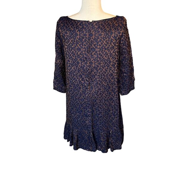 Sezane Auberie Jacquard Leopard Print Ruffle Hem Shift Dress Blue 4 - Picture 3 of 6